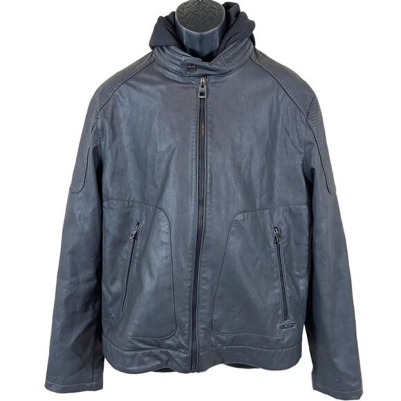 GUESS Black Hooded Lightweight Vegan Faux Leather Moto Zip Jacket - Picture 1 of 16